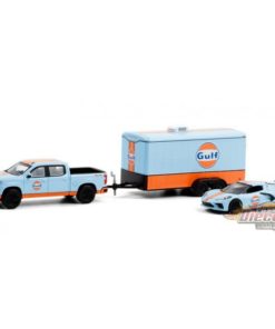 2021 Chevrolet Silverado and 2021 Chevrolet Corvette C8 Stingray Gulf Oil with Enclosed Gulf Oil Car Hauler Racing Hitch & Tow Series 3