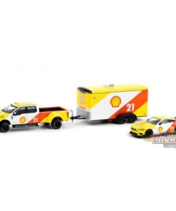 2019 Ford F-350 Lariat and 2021 Ford Mustang Mach 1 Shell Oil #21 with Enclosed Shell Oil Car Hauler Racing Hitch & Tow Series 3